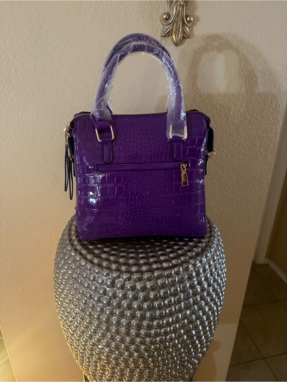 New Purple Croc-Embossed Satchel Handbag with Pouch and Strap